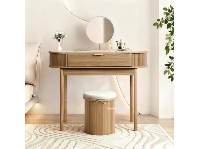 Fluted Small Computer Desk with Drawer, 40 Inch Mid-Century Modern Writing Desk with Solid Wood Legs,Compact Study Table for Small Spaces, Home...