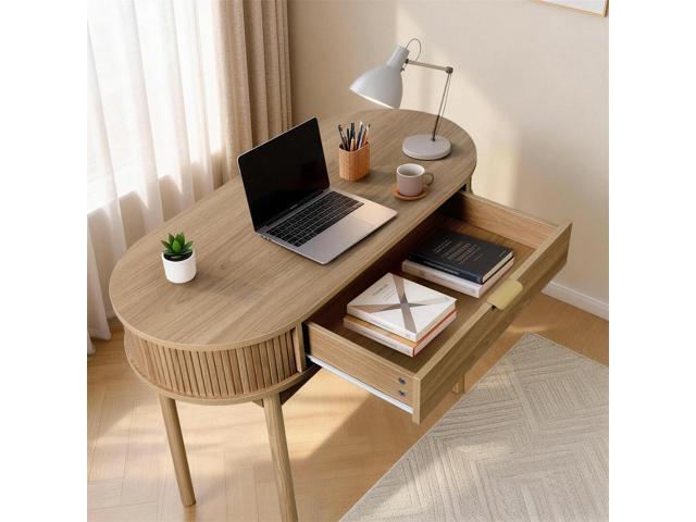 Fluted Small Computer Desk with Drawer, 40 Inch Mid-Century Modern Writing Desk with Solid Wood Legs,Compact Study Table for Small Spaces, Home...