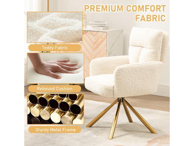 Kiztir Vanity Chair No Wheels Upholstered Teddy Vanity Chair with Back Gold Metal Criss Cross Home Office Desk Chair Boucle Accent Chair Modern...