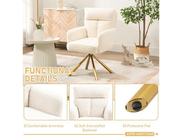 Kiztir Vanity Chair No Wheels Upholstered Teddy Vanity Chair with Back Gold Metal Criss Cross Home Office Desk Chair Boucle Accent Chair Modern...