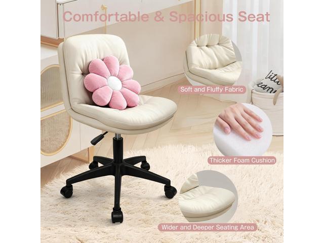 Small Office Desk Chair, PU Leather Armless Swivel Chair with Lumbar Pillow, Height Adjustable Task Chair for Small Spaces, Bedroom & Vanity Beige