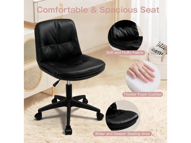 Vanity Chair with Back, PU Leather Swivel Office Desk Chair, Height Adjustable Armless Chair for Small Spaces, Bedroom, Vanity, Home Office Black