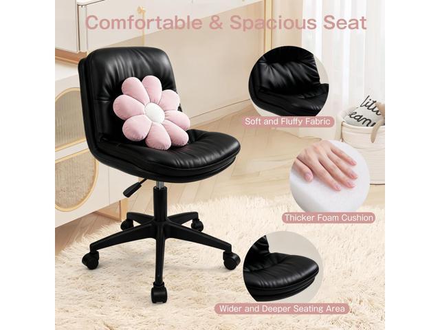 Small Office Desk Chair, PU Leather Armless Swivel Chair with Lumbar Pillow, Height Adjustable Task Chair for Small Spaces, Bedroom & Vanity Black