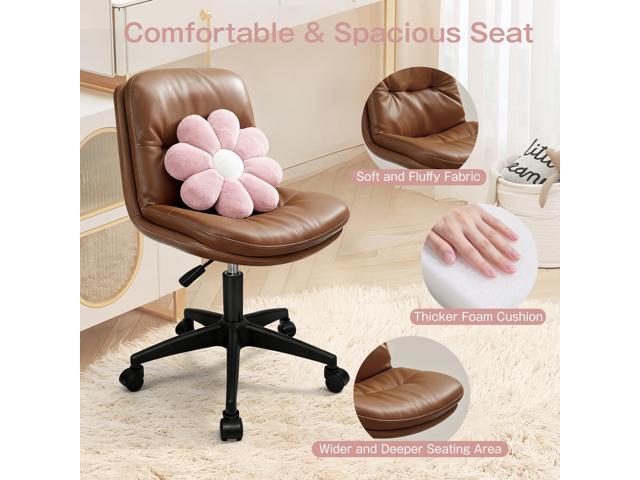 Small Office Desk Chair, PU Leather Armless Swivel Chair with Lumbar Pillow, Height Adjustable Task Chair for Small Spaces, Bedroom & Vanity Brown