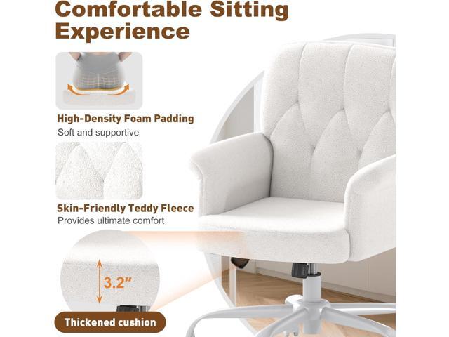 Comfy Home Office Desk Chair, Upholstered Fuzzy Vanity Chair with Wheels and Arms, Modern Adjustable Swivel Computer Seat for Living Room, Bedroom,...