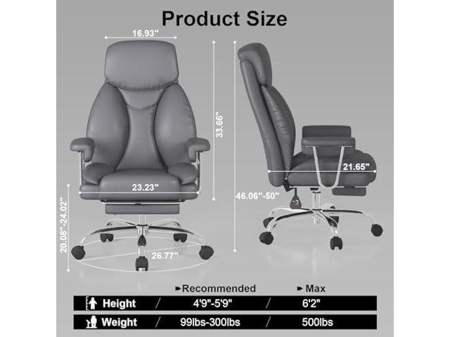Big and Tall Office Chair, Executive Home Office Desk Chair, Comfy Leather High-Back Reclining Computer Chair with Retractable Footrest and Padded...