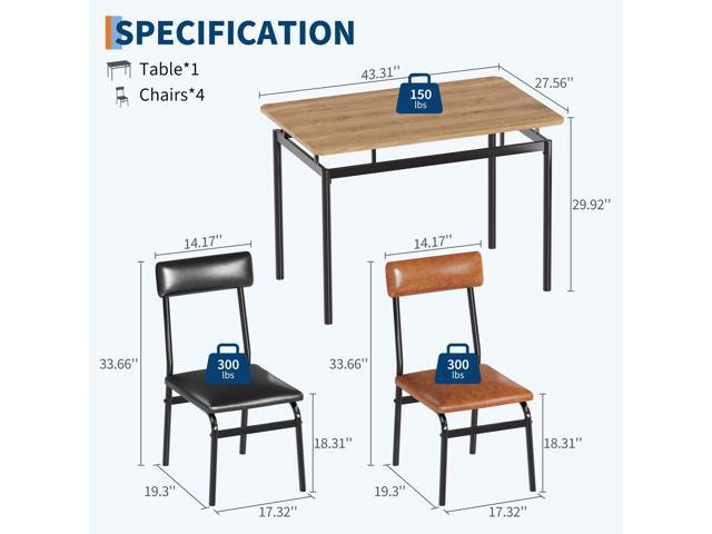 Dining Table Set for 4 Wooden Kitchen Table with 4 PU Upholstered Chairs, Industrial Metal Frame Kitchen & Dining Set for Home, Apartment, Studio,...