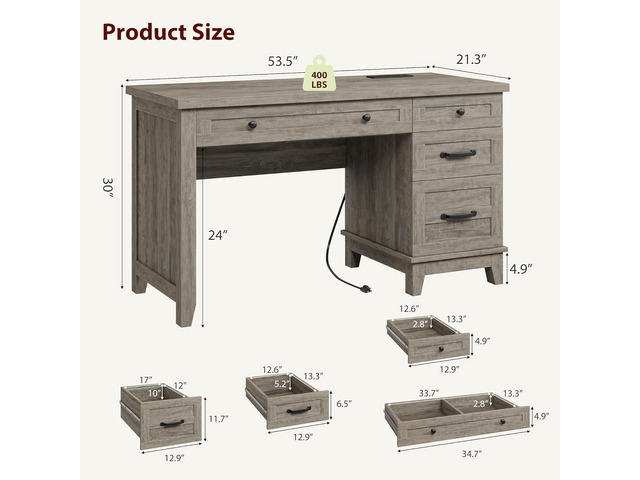 Farmhouse Home Office Desk with Power Outlets & USB Ports, 53.5 Inch Writing Desk with Adjustable File Cabinet and Storage Drawers, Executive...