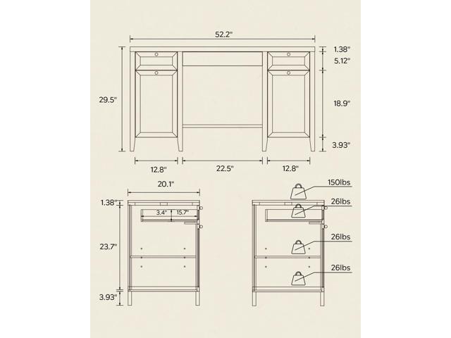 52' Executive Desk with Storage Drawer, Farmhouse Home Office Desk with Storage Cabinet Wood Computer Writing Desk for Study Office, Light Oak