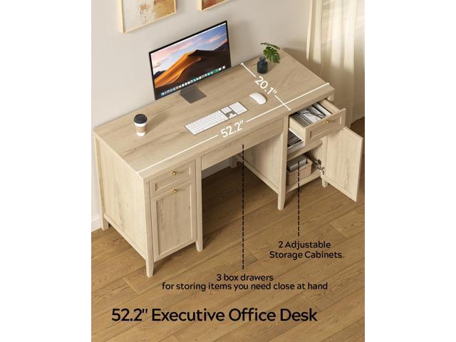 52' Executive Desk with Storage Drawer, Farmhouse Home Office Desk with Storage Cabinet Wood Computer Writing Desk for Study Office, Light Oak