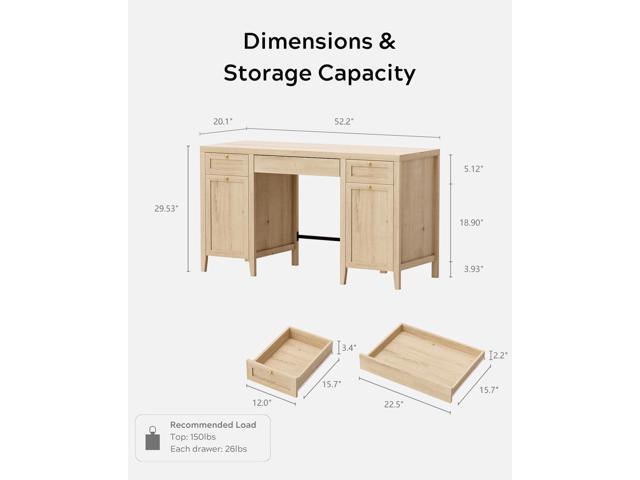 52' Large Executive Desk with Drawers, Farmhouse Wooden Home Office Desk with Storage Cabinet, Modern Computer Writing Desk for Work Study,...