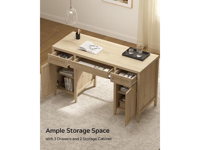 52' Large Executive Desk with Drawers, Farmhouse Wooden Home Office Desk with Storage Cabinet, Modern Computer Writing Desk for Work Study,...