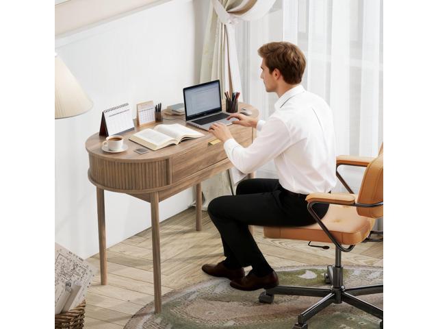 Oval Wood Desk with Drawer,39.37 Inch Small Study Work Writing Desk Computer Gaming Table,Student PC Storage MDF Desk for Home Office Bedroom...