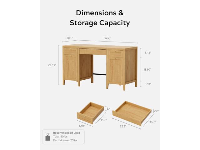 52' Large Executive Desk with Drawers, Farmhouse Wooden Home Office Desk with Storage Cabinet, Modern Computer Writing Desk for Work Study,...