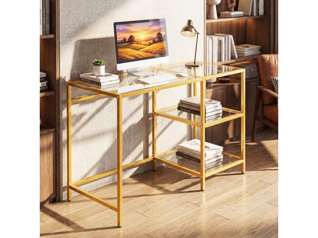Giantex Computer Desk, 42 Inch Home Office Desk with Tempered Glass, Storage Shelves & Metal Frame, Modern Work PC Desk, Study Writing Table for...