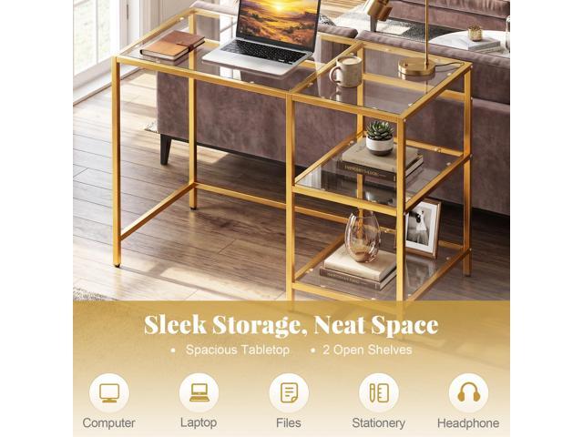 Giantex Computer Desk, 42 Inch Home Office Desk with Tempered Glass, Storage Shelves & Metal Frame, Modern Work PC Desk, Study Writing Table for...