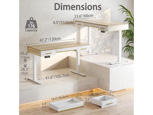 TIQLAB One-Piece Top Electric Standing Desk, 47 x 24 Inch Height Adjustable Sit Stand Desk with Three Drawers for Home Office, Maple