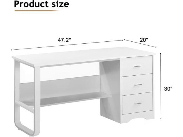 White Desk with Drawers, 47 Inch Computer Desk with 3 Drawers for Bedroom, Study Desk with Drawers for Small Spaces, Bottom Shelves