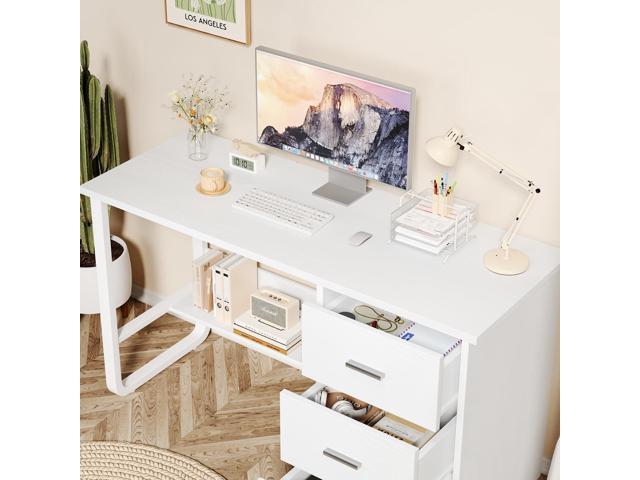 White Desk with Drawers, 47 Inch Computer Desk with 3 Drawers for Bedroom, Study Desk with Drawers for Small Spaces, Bottom Shelves
