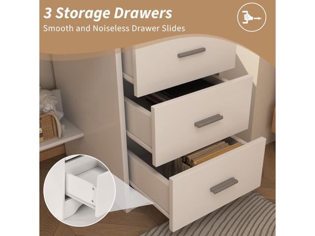 White Desk with Drawers, 47 Inch Computer Desk with 3 Drawers for Bedroom, Study Desk with Drawers for Small Spaces, Bottom Shelves