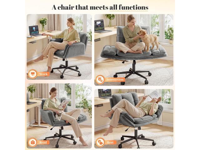 Criss Cross Chair with Wheels, Ergonomic Office Chair with Adjustable Armrests, Vanity Chair with Back for Bedroom, Makeup Room and Office Room, Gray
