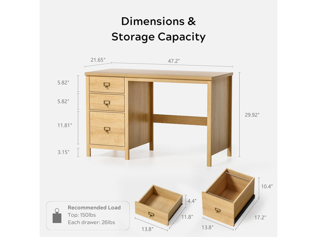 Modern Office Desk with Drawers, Executive Wood Home Office Desk with File Drawer, Farmhouse Computer Writing Desk for Working, Natural Oak