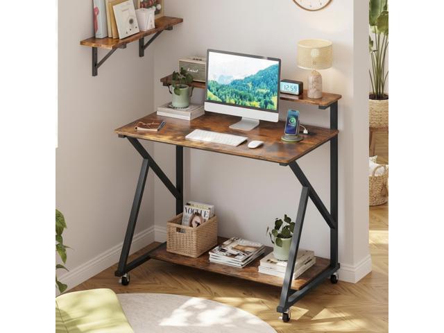 Tangkula Rolling Computer Desk Cart with Power Outlets, 32' Mobile Portable Laptop PC Desk with Monitor Stand, CPU Stand & Storage Shelf, Compact...