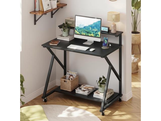 Tangkula Rolling Computer Desk Cart with Power Outlets, 32' Mobile Portable Laptop PC Desk with Monitor Stand, CPU Stand & Storage Shelf, Compact...