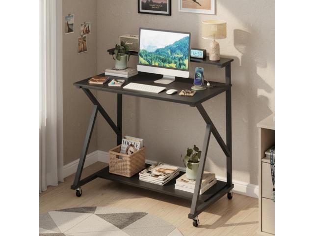 Tangkula Rolling Computer Desk Cart with Power Outlets, 32' Mobile Portable Laptop PC Desk with Monitor Stand, CPU Stand & Storage Shelf, Compact...