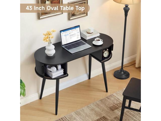 AVZEAR 43' Oval Fluted Home Office Desk, Small Computer Desk Mid Century Modern Vanity Table with Sliding Tambour Door, Wooden Writing Study Desk...