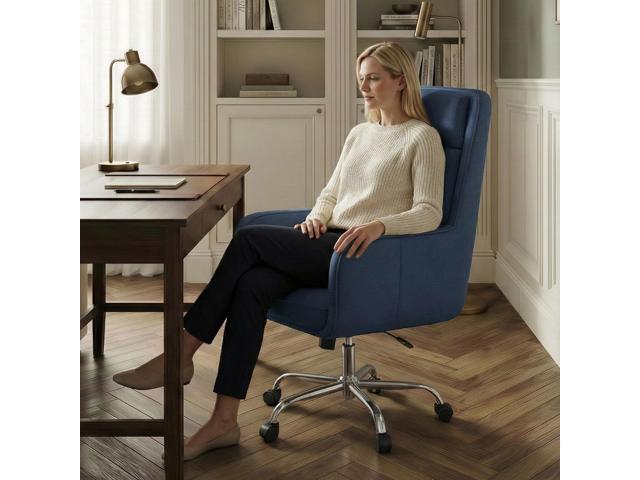 COLAMY Cocoon Modern High Back Home Desk Chair, Upholstered Office Chair with Wheels, Vanity Chair with Head and Lumbar Support, Armrest (Blue)