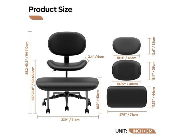 Cross-Legged Office Chair with Footrest, PU Leather Armless Desk Chair, Wide Padded Seat for Cross Leg Sitting, Adjustable Height & Swivel, Modern...