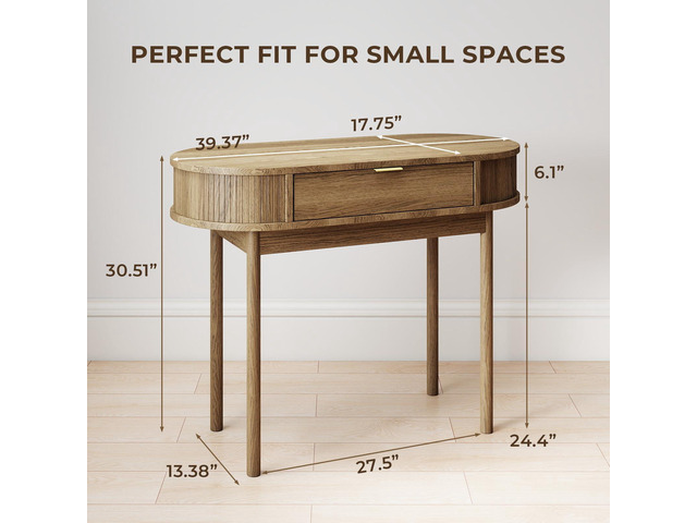 Writing Desk with Drawer, 39' Small Computer Desk with Fluted Design, Oval Wood Study Table for Small Space, Modern Home Office Desk Makeup Vanity...