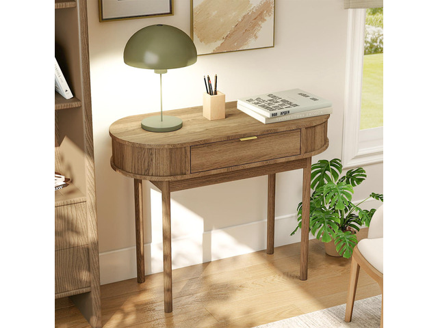 Writing Desk with Drawer, 39' Small Computer Desk with Fluted Design, Oval Wood Study Table for Small Space, Modern Home Office Desk Makeup Vanity...