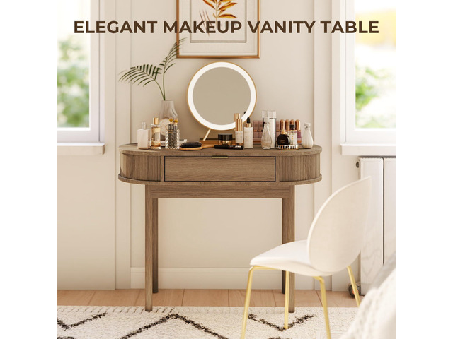 Writing Desk with Drawer, 39' Small Computer Desk with Fluted Design, Oval Wood Study Table for Small Space, Modern Home Office Desk Makeup Vanity...