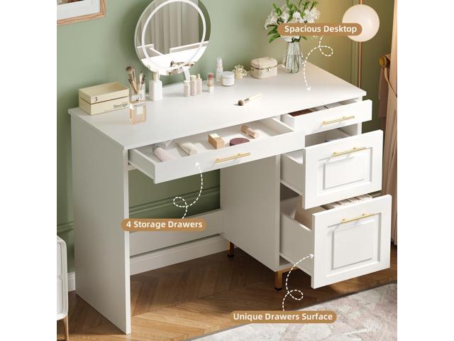 4 EVER WINNER White Desk with Drawers, 44 Inch Computer Desk with Storage and Golden Handle, Writing Desk Sturdy Table for Home Office, White and...