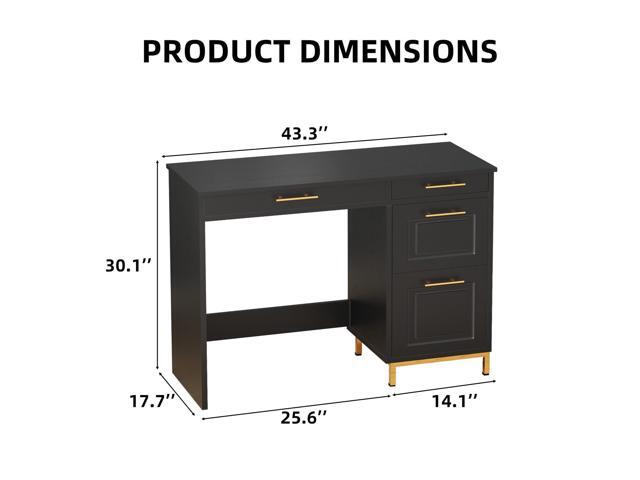 4 EVER WINNER Black Desk with Drawers, 43 Inch Writing Desk with Storage File Cabinet and Golden Handle, Home Office Desk for Bedroom, Black