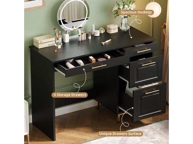 4 EVER WINNER Black Desk with Drawers, 43 Inch Writing Desk with Storage File Cabinet and Golden Handle, Home Office Desk for Bedroom, Black
