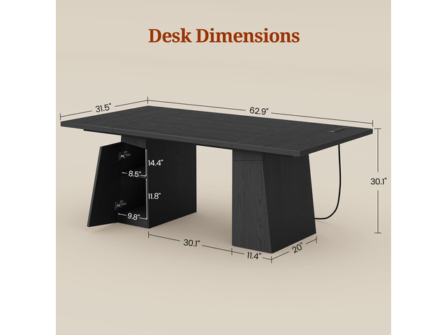 63 in Executive Desk with Power Outlets, Modern Home Office Desk with Storage Cabinet, Wood Computer Desk Business Workstation Desk Conference...
