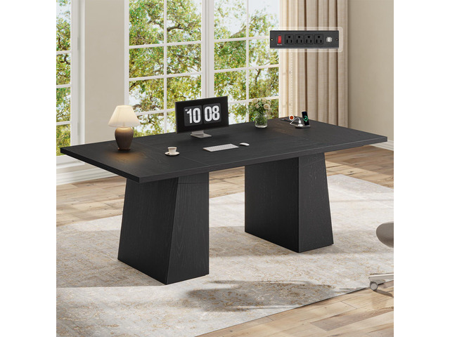 63 in Executive Desk with Power Outlets, Modern Home Office Desk with Storage Cabinet, Wood Computer Desk Business Workstation Desk Conference...