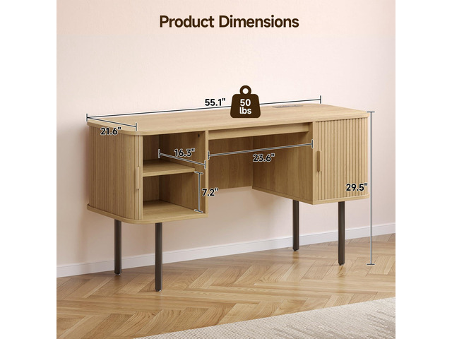 ONBRILL 55 Inch Fluted Computer Desk with Charging Station, Mid Century Executive Desk with 2 Storage Cabinets, Modern Home Office Large Desk with...