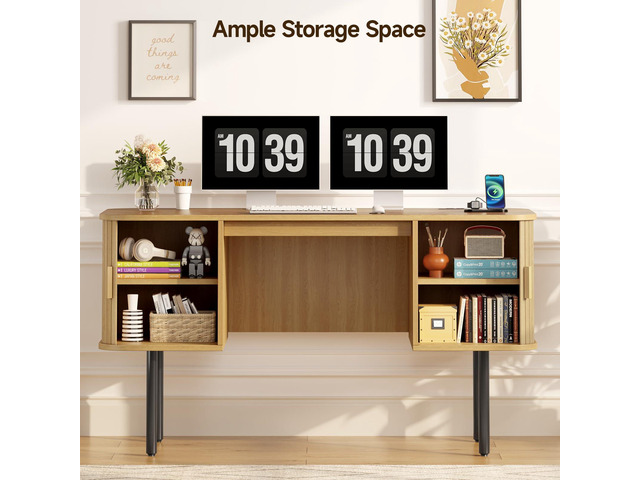ONBRILL 55 Inch Fluted Computer Desk with Charging Station, Mid Century Executive Desk with 2 Storage Cabinets, Modern Home Office Large Desk with...