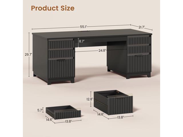 SEDETA 55.1' Fluted Office Desk with 6 Drawers, Modern Executive Desk with Acrylic File Drawers, Computer Desk with Power outlets for Home Office...