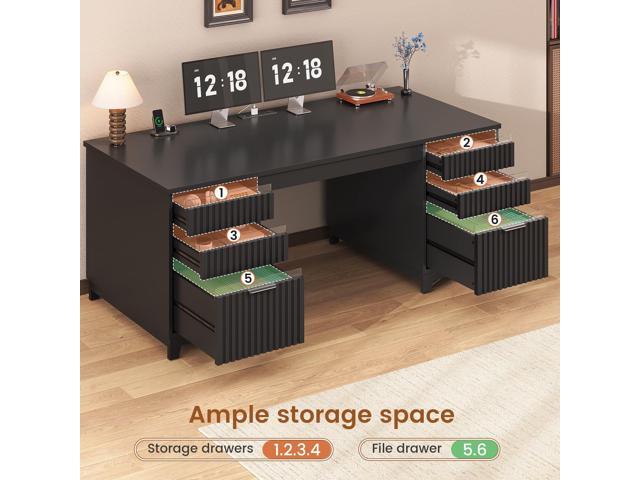 SEDETA 55.1' Fluted Office Desk with 6 Drawers, Modern Executive Desk with Acrylic File Drawers, Computer Desk with Power outlets for Home Office...