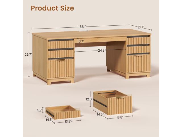 SEDETA 55.1' Fluted Office Desk with 6 Drawers, Modern Executive Desk with Acrylic File Drawers, Computer Desk with Power outlets for Home Office...