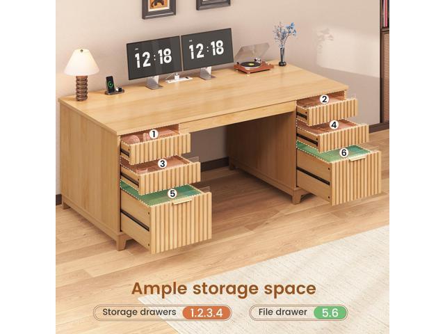 SEDETA 55.1' Fluted Office Desk with 6 Drawers, Modern Executive Desk with Acrylic File Drawers, Computer Desk with Power outlets for Home Office...