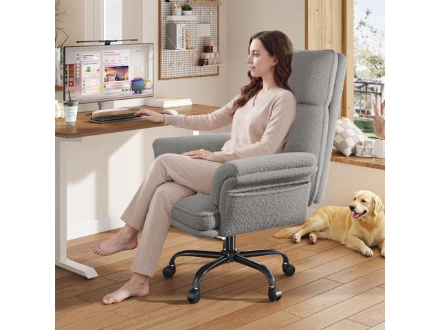 Office Chair with Wheels & Side Pockets,Flip Armrests for Pets & Cross Legged Sitting,Ergonomic Adjustable Vanity Chair Teddy Plush Office Desk...