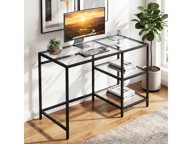Giantex Computer Desk, 42 Inch Home Office Desk with Tempered Glass, Storage Shelves & Metal Frame, Modern Work PC Desk, Study Writing Table for...
