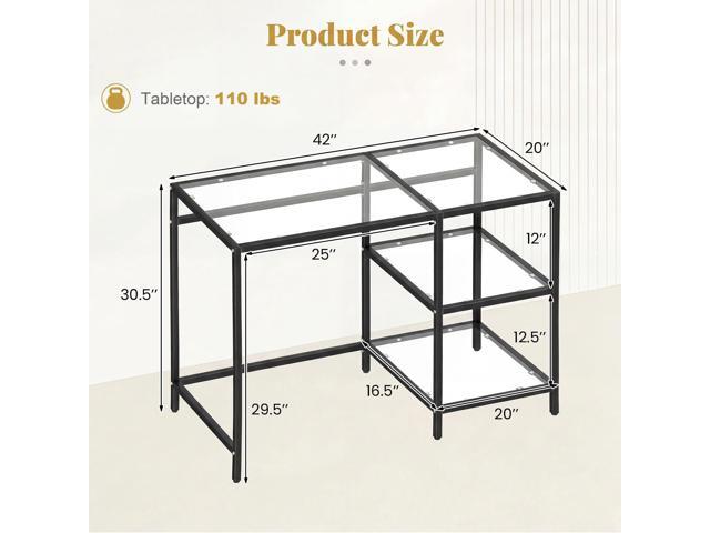 Giantex Computer Desk, 42 Inch Home Office Desk with Tempered Glass, Storage Shelves & Metal Frame, Modern Work PC Desk, Study Writing Table for...