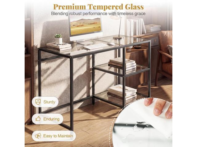 Giantex Computer Desk, 42 Inch Home Office Desk with Tempered Glass, Storage Shelves & Metal Frame, Modern Work PC Desk, Study Writing Table for...